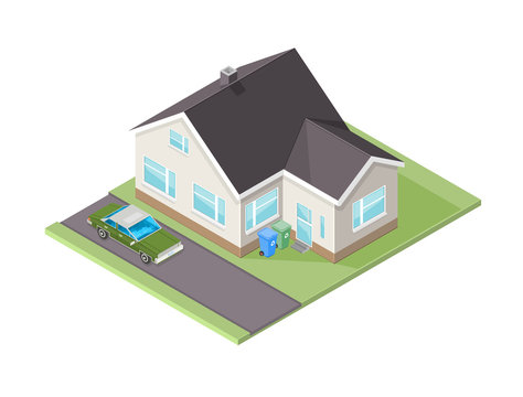 Vector Isometric House illustration with family car.
Domestic home with garden and family transport.