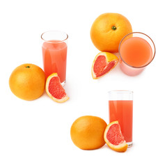 Tall glass filled with the grapefruit juice and fruits, composition isolated over the white background
