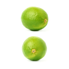 Set of two single limes in different compositions and foreshortenings, isolated over the white background