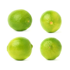 Set of four single limes in different compositions and foreshortenings, isolated over the white background