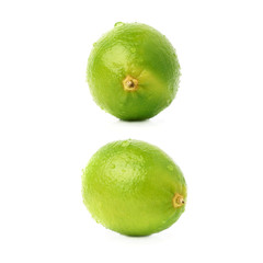 Lime fruit covered with the multiple water drops, isolated over the white background, set of different foreshortenings