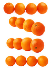 Four oranges fruits composition isolated over the white background, set of different foreshortenings