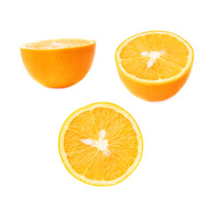 Ripe orange cut in half isolated over the white background, set of different foreshortenings