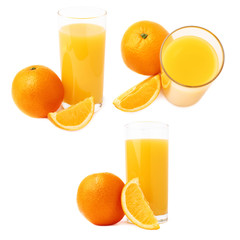 Tall glass filled with the orange juice and fruits, composition isolated, set of different foreshortenings