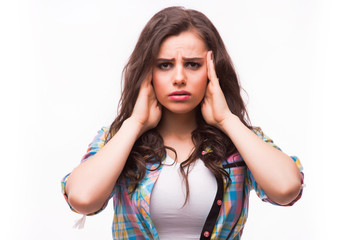 Young woman holding her head.Migraine and headache problem.Overworked,stressed woman.Menstrual and period pain.Intensive lifestyle and fast life.