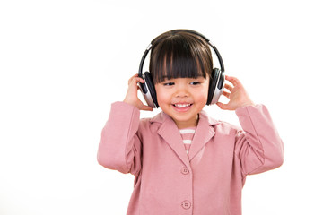 Asian smiling little girl portrait with headphones isolated on white