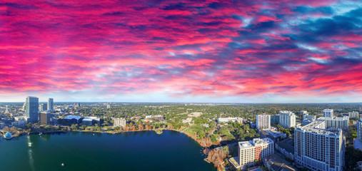 Beautiful sunset aerial view of Downtown Orlando