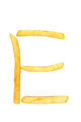 E alphabet letter from French fries on the white