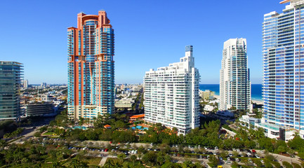 Fototapeta na wymiar Miami Beach aerial view from South Pointe Park, Florida on a sun