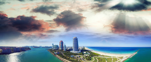 Miami Beach sunset skyline from South Pointe Park, Aerial view -