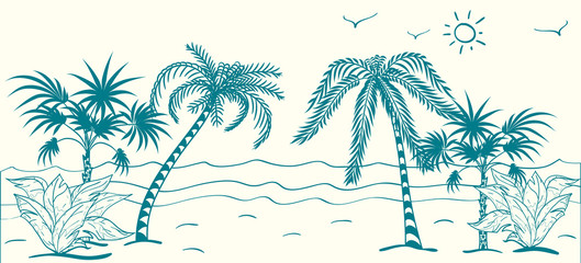 Fototapeta na wymiar Palm trees on the beach sketch.
