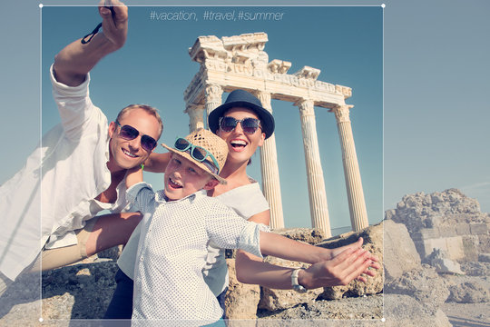 Positive young family take a sammer vacation selfie photo on ant
