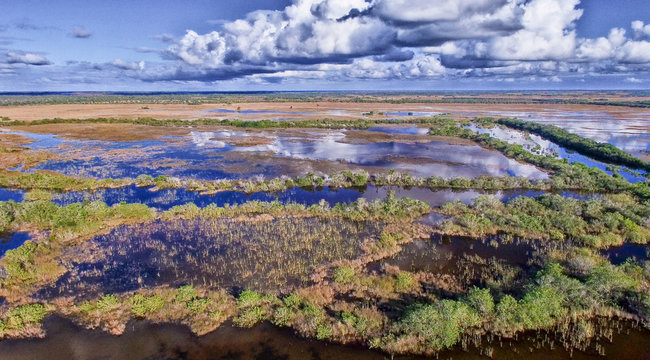 Aerial sunset view of Everglades swamp in Florida