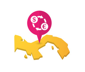 Map of Panama with a map marker and a dollar euro exchange sign