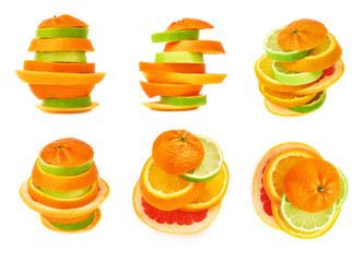 Fototapeta na wymiar Stack of citrus sliced fruits over white isolated background