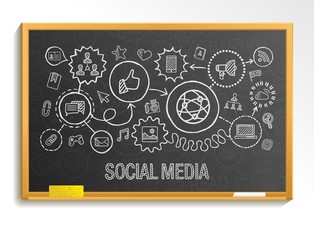 Social media hand draw integrate icons set on school board. Vector sketch infographic illustration. Connected doodle pictogram, internet, digital, marketing, media, network, global interactive concept