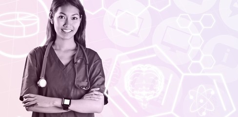 Composite image of asian nurse with stethoscope crossing arms