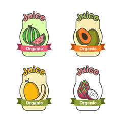 Set of fruits juice stickers or labels for watermelon, papaya, melon and dragon fruit.
