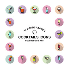 Set of 16 handcrafted Cocktails icons made in colored line art style.