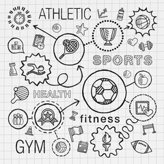 Sport hand draw integrated icons set. Vector sketch infographic illustration with line connected doodle hatch pictogram on school paper. competition, ball, play, soccer, tennis, cup sign, game concept