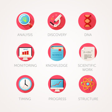 Science icons set. Modern flat colored illustrations. Physics and biology related icons. 