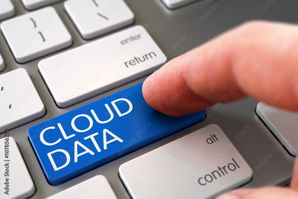 Aufkleber hand of young man on cloud data blue key. man finger pushing cloud data blue button on metallic keyb