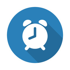 Flat white Alarm Clock web icon with long drop shadow on blue ci