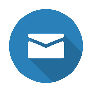 Flat white Mail web icon with long drop shadow on blue circle