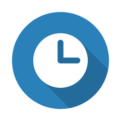 Flat white Clock web icon with long drop shadow on blue circle