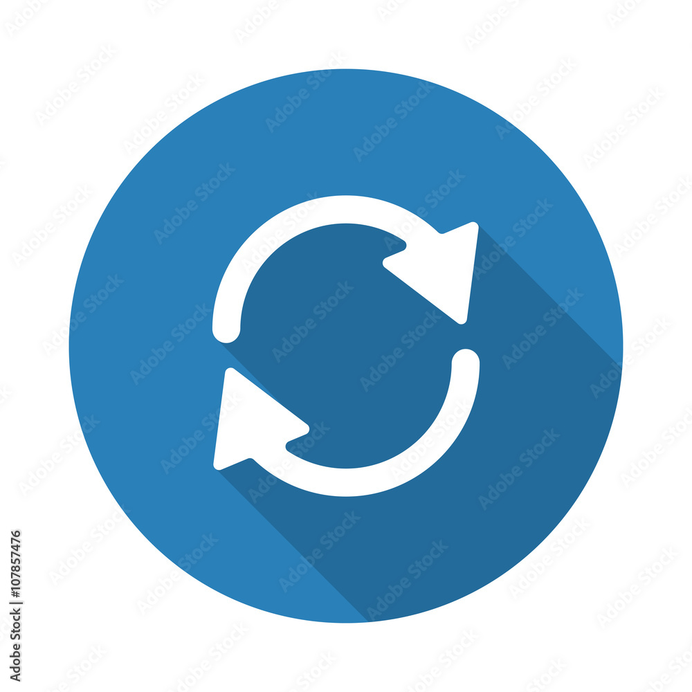 Wall mural flat white refresh web icon with long drop shadow on blue circle