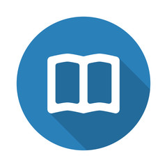 Flat white Book web icon with long drop shadow on blue circle