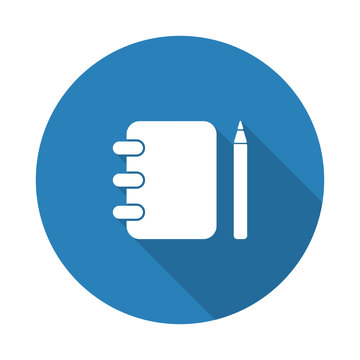 Flat white Note Book web icon with long drop shadow on blue circ