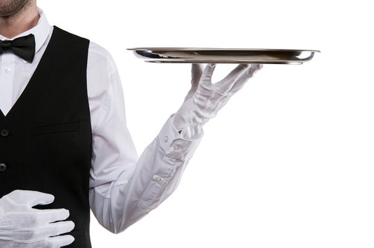 Waiter arm holding tray over white background.