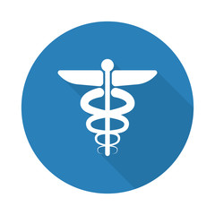Flat white Medical Symbol web icon with long drop shadow on blue