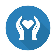 Flat white Heart care web icon with long drop shadow on blue cir