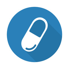 Flat white Pill web icon with long drop shadow on blue circle