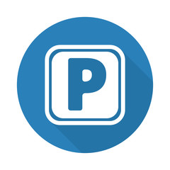 Flat white Parking web icon with long drop shadow on blue circle