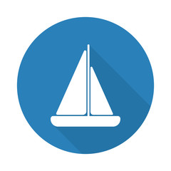 Flat white Sailboat web icon with long drop shadow on blue circl