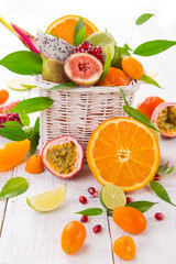Citrus fruits on a wooden table.