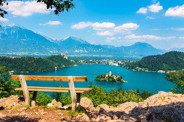 Naklejka na ściany i meble Lake Bled in summer, view from above, Slovenia.