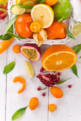 Citrus fruits on a wooden table.