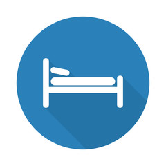 Flat white Bed web icon with long drop shadow on blue circle