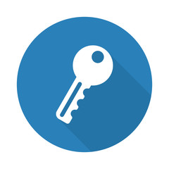 Flat white Key web icon with long drop shadow on blue circle