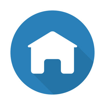 Flat white Home web icon with long drop shadow on blue circle