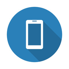 Flat white Mobile Phone web icon with long drop shadow on blue c