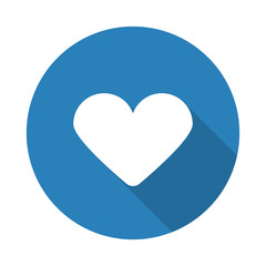 Flat white Heart web icon with long drop shadow on blue circle