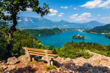 Lake Bled in summer, view from above, Slovenia.