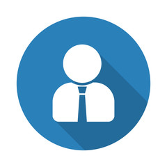 Flat white User Profile web icon with long drop shadow on blue c