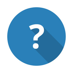 Flat white Question Mark web icon with long drop shadow on blue
