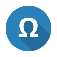 Flat white Omega web icon with long drop shadow on blue circle